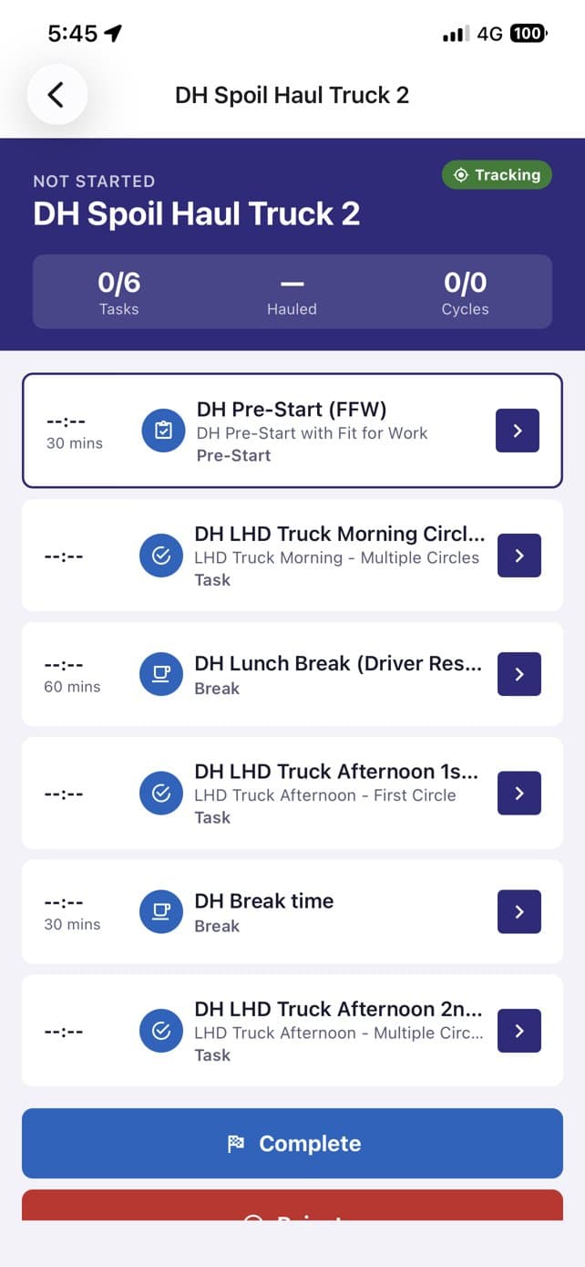 ToBe Twin Mobile showing the day's tasks with tracking on