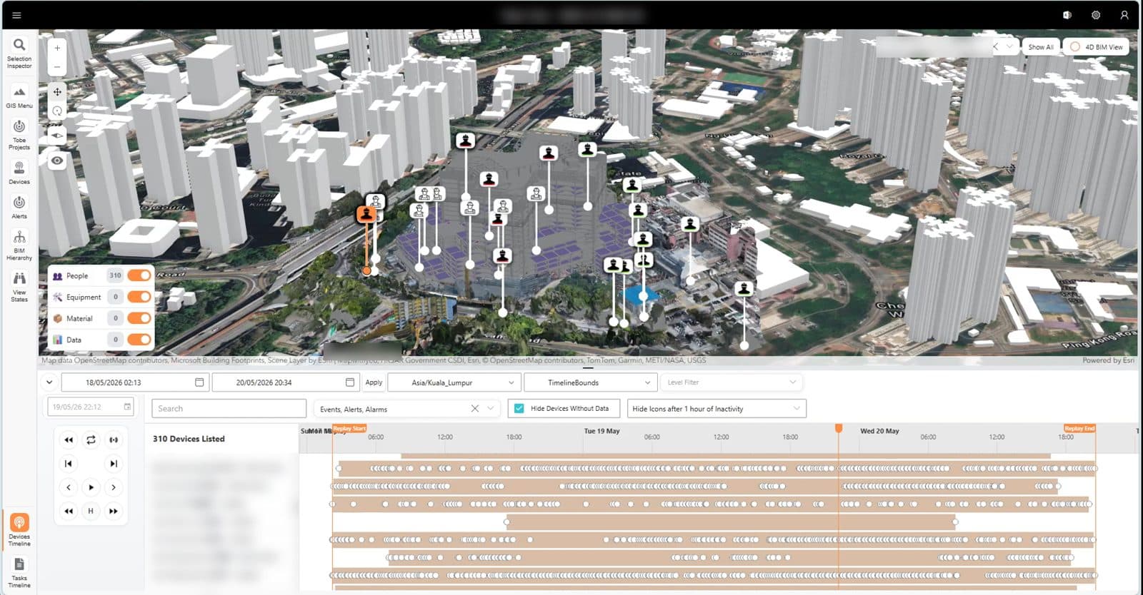 ToBe Twin 3D site view showing tracked workers around a building, with people, equipment and material layers and a device timeline