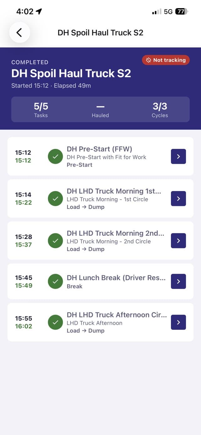 ToBe Twin Mobile showing completed tasks and load and haul cycles