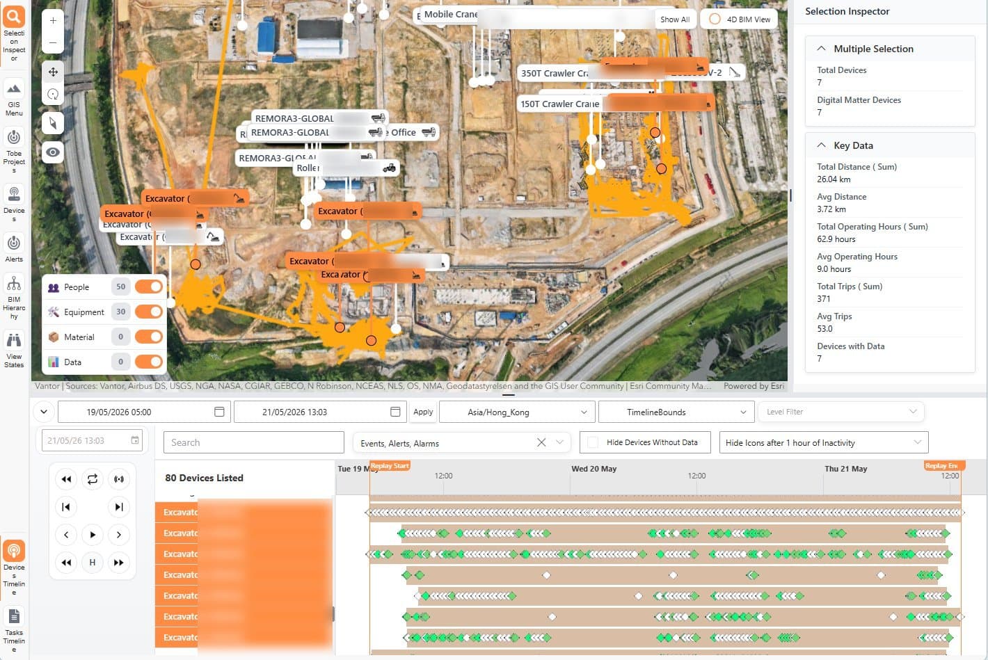 ToBe Twin live site view with tracked excavators, cranes and BLE gateways, operating hours and a device timeline